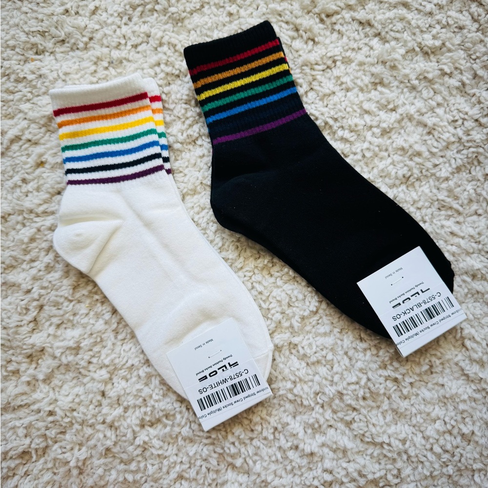 NWT Colorful Striped Socks Set of 2 - Black and White Rainbow
